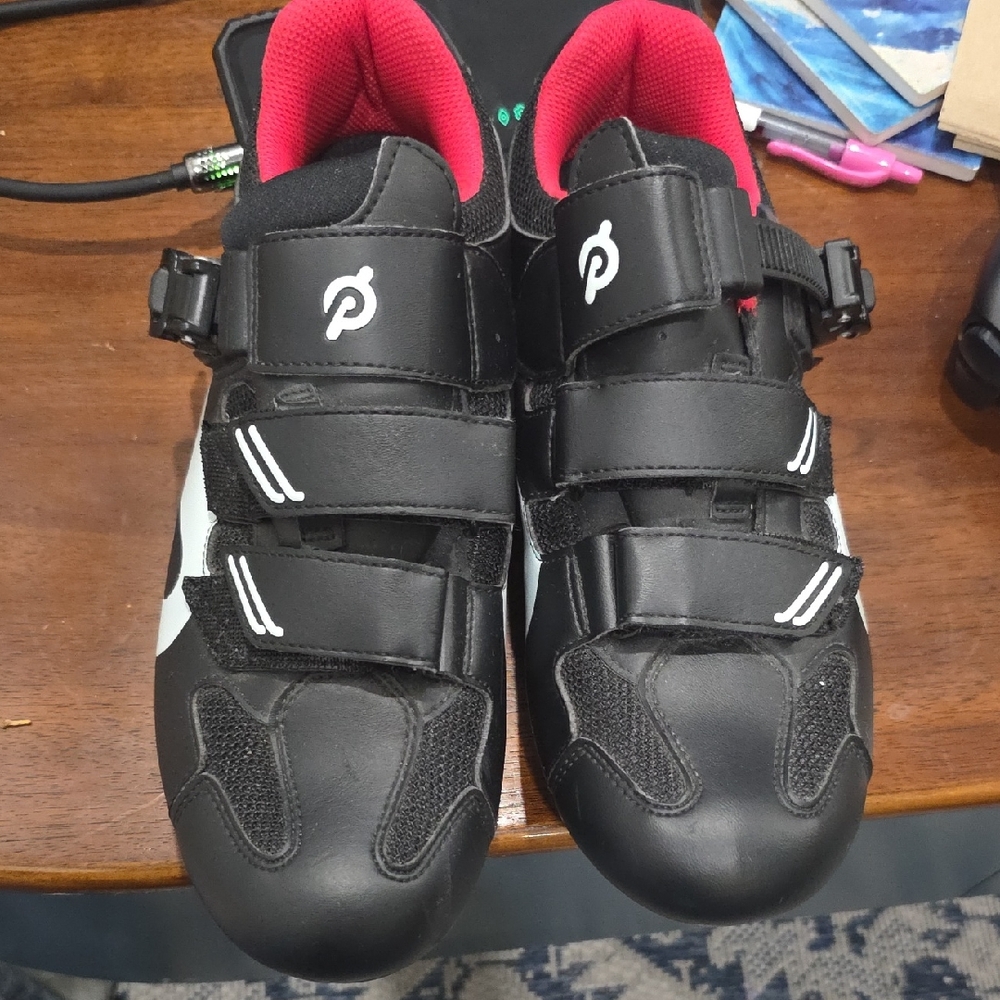 Peloton Black Cycling Shoes with Vibrant Red Lining